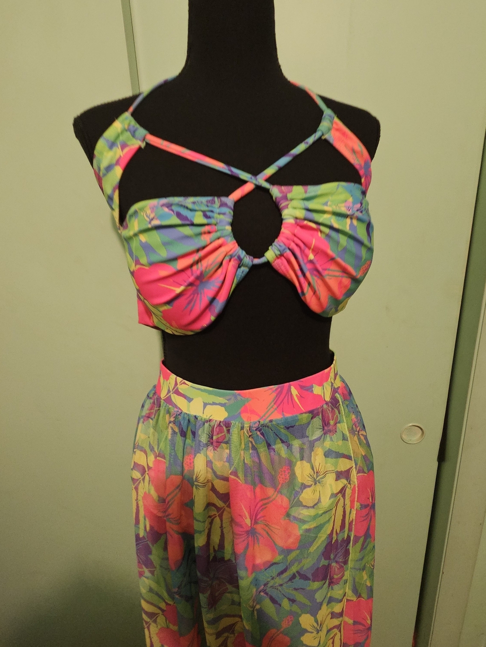 Floral 3-Piece Swimset with Coverup in Green & Pink